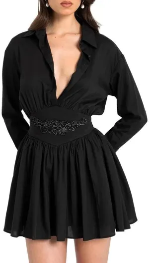 MOLERFO Womens Floral Embroidered Corset Mini Dress Button Up Deep V Neck Ruffle Dress Flowy A-Line Peplum Dresses (Black,Medium)