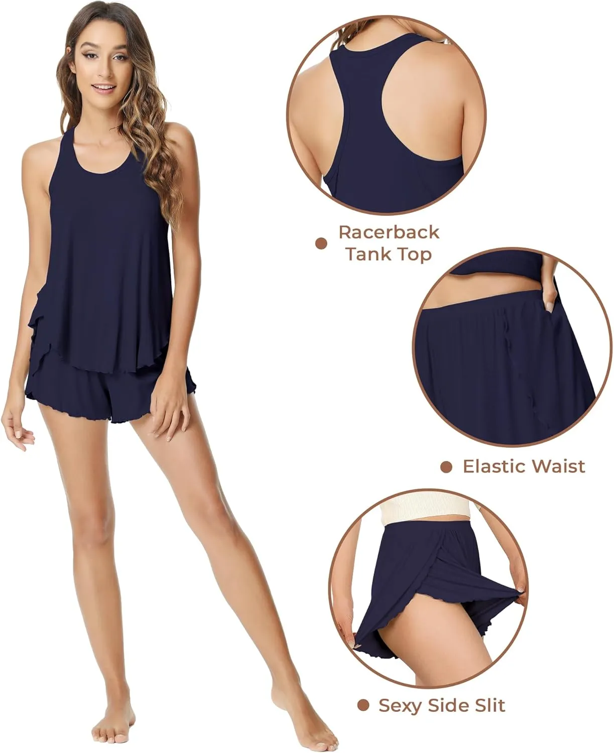 NACHILA Pajamas for Women-Viscose Made from Bamboo,Ribbed Racerback Tank Top and Shorts Pajama Sets Sleeveless Sleep Cami Pj