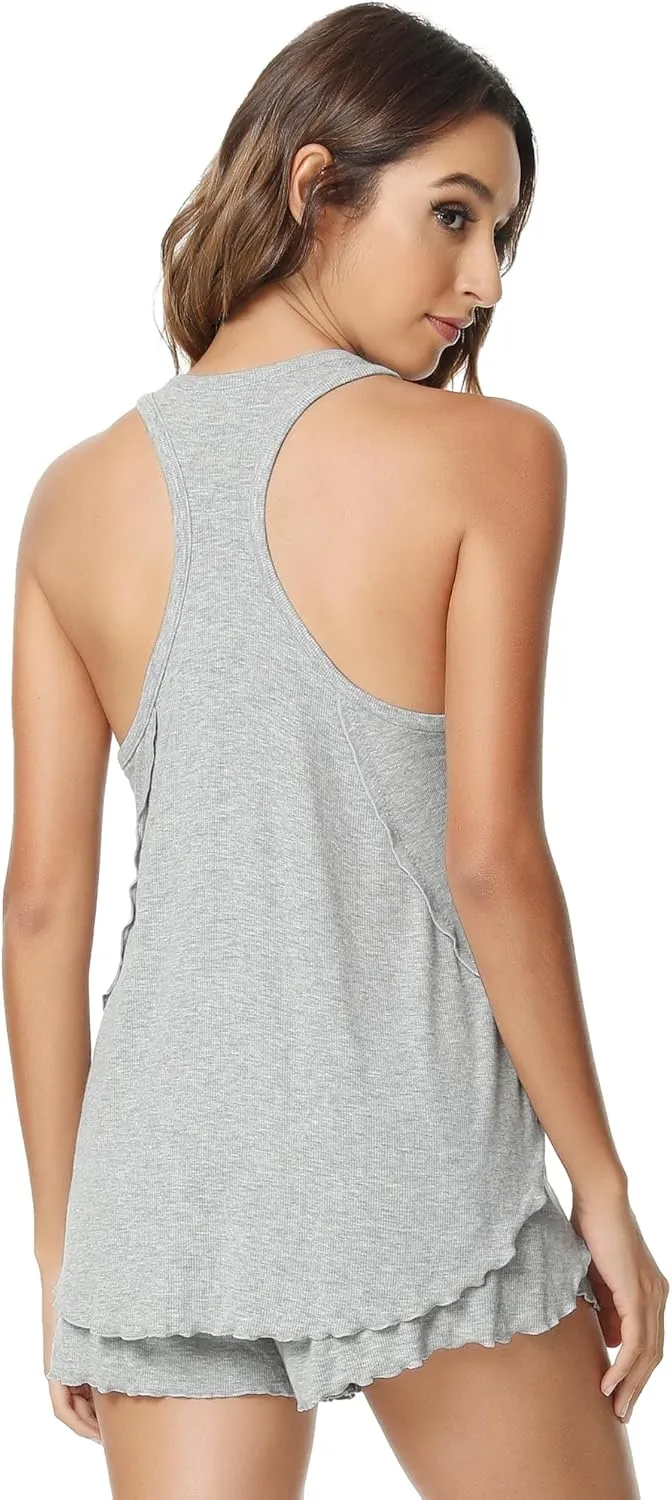 NACHILA Pajamas for Women-Viscose Made from Bamboo,Ribbed Racerback Tank Top and Shorts Pajama Sets Sleeveless Sleep Cami Pj