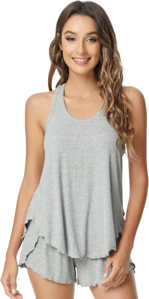 NACHILA Pajamas for Women-Viscose Made from Bamboo,Ribbed Racerback Tank Top and Shorts Pajama Sets Sleeveless Sleep Cami Pj