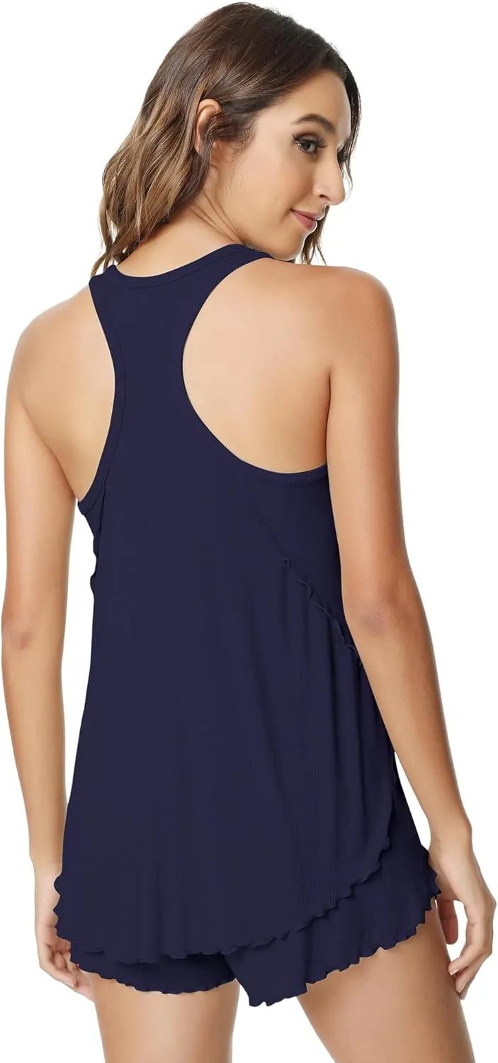 NACHILA Pajamas for Women-Viscose Made from Bamboo,Ribbed Racerback Tank Top and Shorts Pajama Sets Sleeveless Sleep Cami Pj