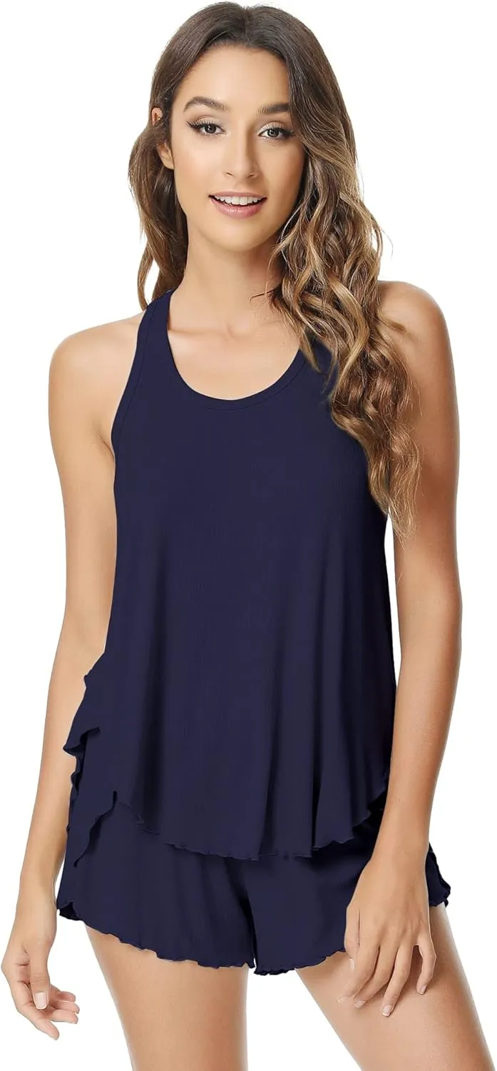 NACHILA Pajamas for Women-Viscose Made from Bamboo,Ribbed Racerback Tank Top and Shorts Pajama Sets Sleeveless Sleep Cami Pj