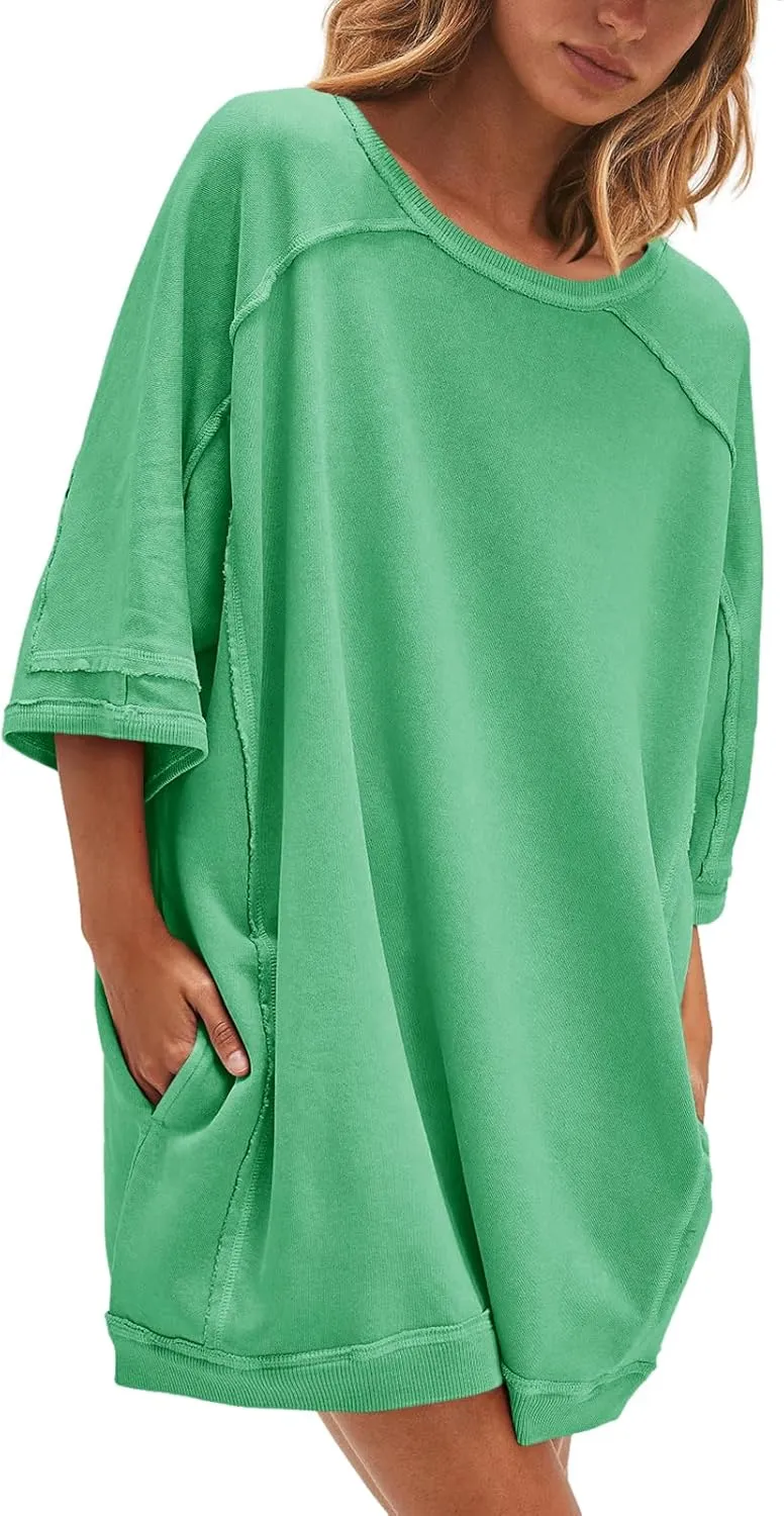 Nirovien Women's Oversized Sweatshirt Dress 3/4 Sleeve Crewneck Tunic Sweatshirts Casual Long Pullover with Pockets