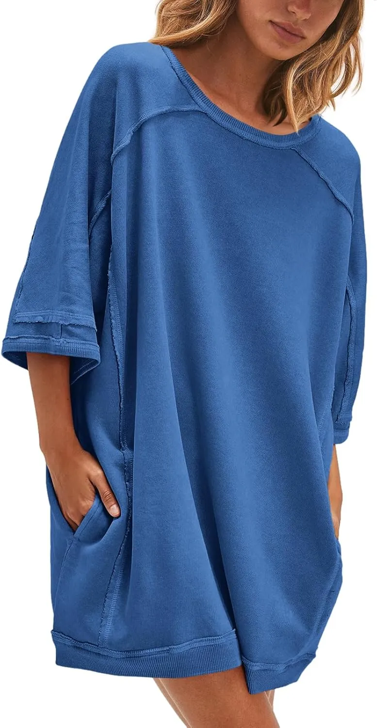 Nirovien Women's Oversized Sweatshirt Dress 3/4 Sleeve Crewneck Tunic Sweatshirts Casual Long Pullover with Pockets