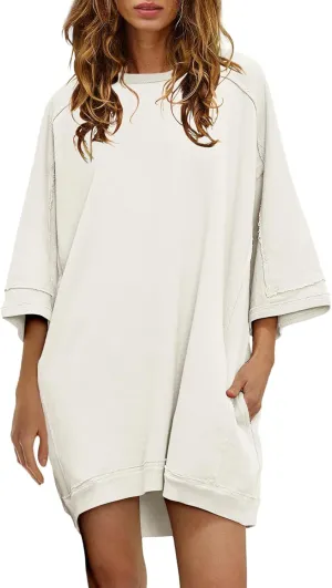 Nirovien Women's Oversized Sweatshirt Dress 3/4 Sleeve Crewneck Tunic Sweatshirts Casual Long Pullover with Pockets