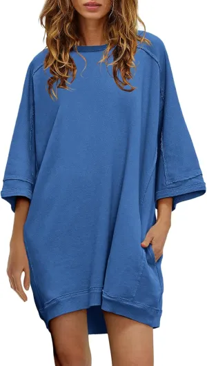 Nirovien Women's Oversized Sweatshirt Dress 3/4 Sleeve Crewneck Tunic Sweatshirts Casual Long Pullover with Pockets