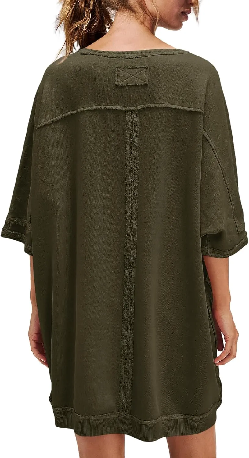 Nirovien Women's Oversized Sweatshirt Dress 3/4 Sleeve Crewneck Tunic Sweatshirts Casual Long Pullover with Pockets