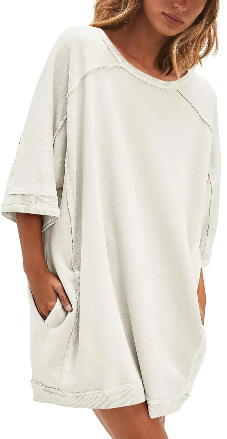 Nirovien Women's Oversized Sweatshirt Dress 3/4 Sleeve Crewneck Tunic Sweatshirts Casual Long Pullover with Pockets