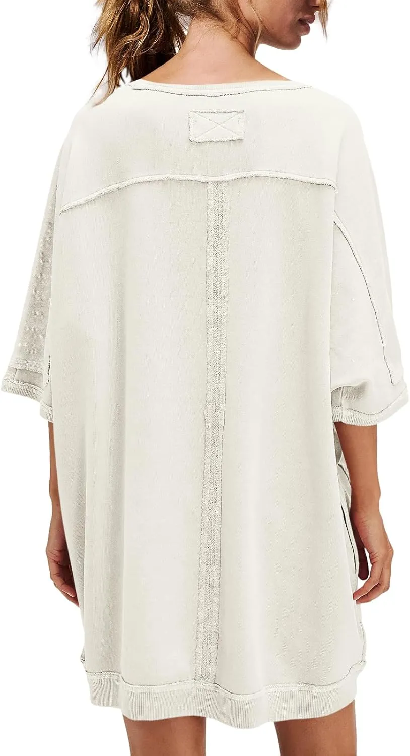 Nirovien Women's Oversized Sweatshirt Dress 3/4 Sleeve Crewneck Tunic Sweatshirts Casual Long Pullover with Pockets