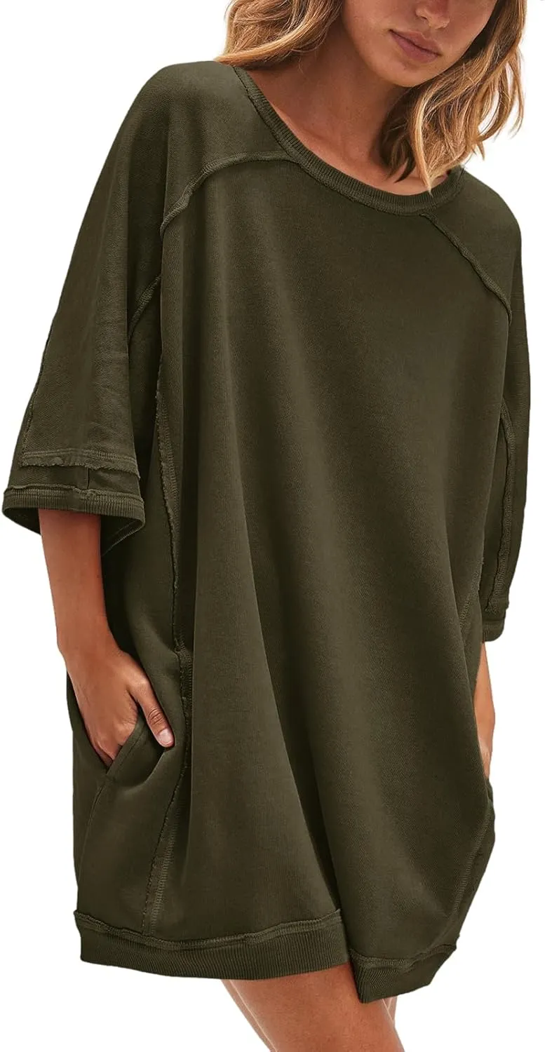 Nirovien Women's Oversized Sweatshirt Dress 3/4 Sleeve Crewneck Tunic Sweatshirts Casual Long Pullover with Pockets