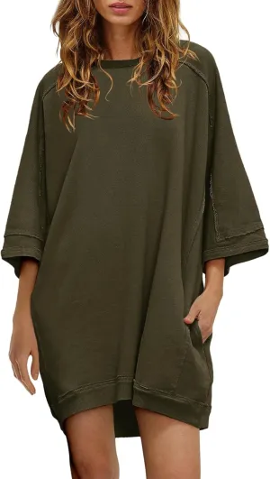 Nirovien Women's Oversized Sweatshirt Dress 3/4 Sleeve Crewneck Tunic Sweatshirts Casual Long Pullover with Pockets