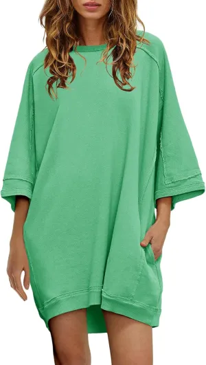 Nirovien Women's Oversized Sweatshirt Dress 3/4 Sleeve Crewneck Tunic Sweatshirts Casual Long Pullover with Pockets