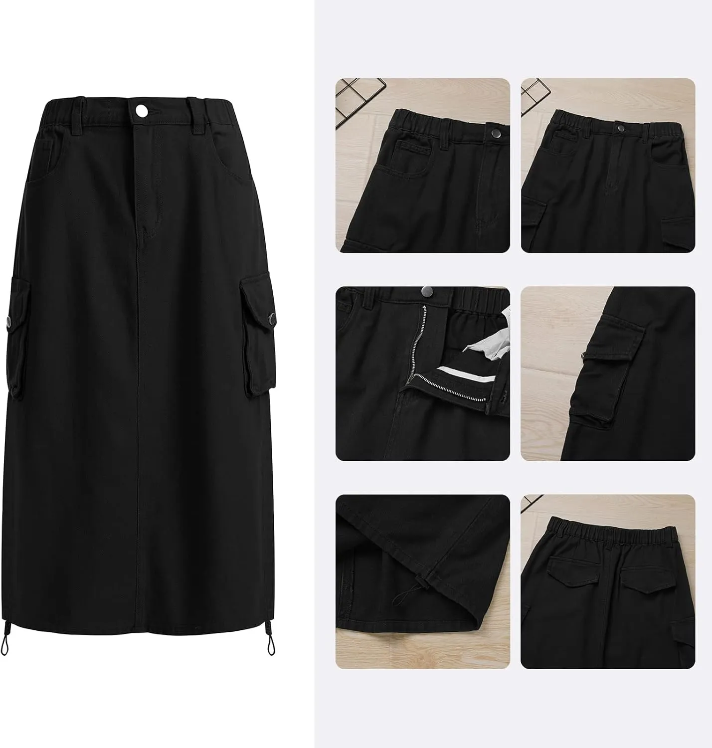 ODASDO Long Cargo Skirts for Women Denim Skirts Split Back Drawstring Maxi Skirt Casual Cargo Skirt with Pockets
