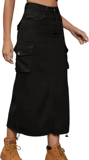 ODASDO Long Cargo Skirts for Women Denim Skirts Split Back Drawstring Maxi Skirt Casual Cargo Skirt with Pockets