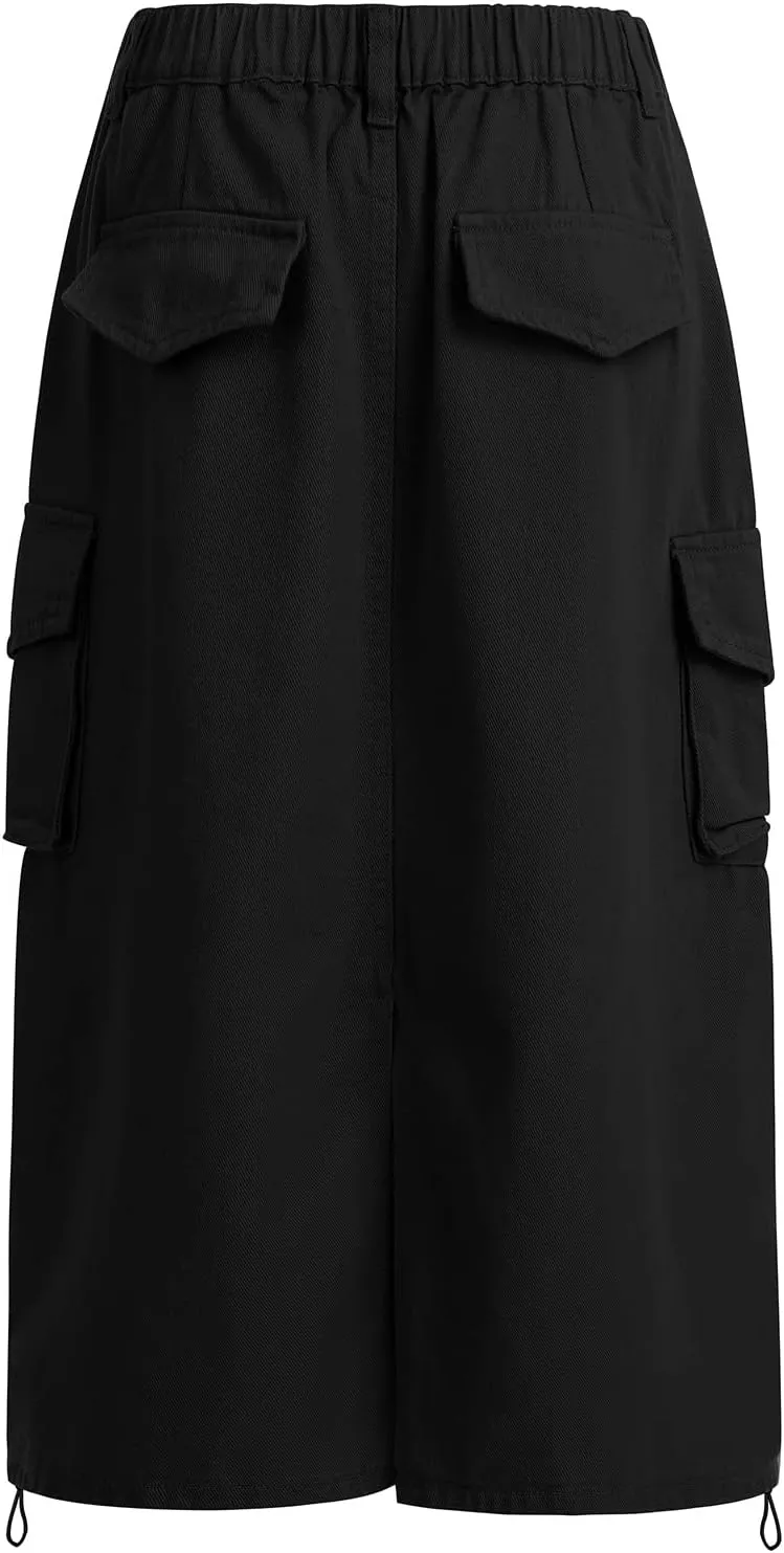 ODASDO Long Cargo Skirts for Women Denim Skirts Split Back Drawstring Maxi Skirt Casual Cargo Skirt with Pockets