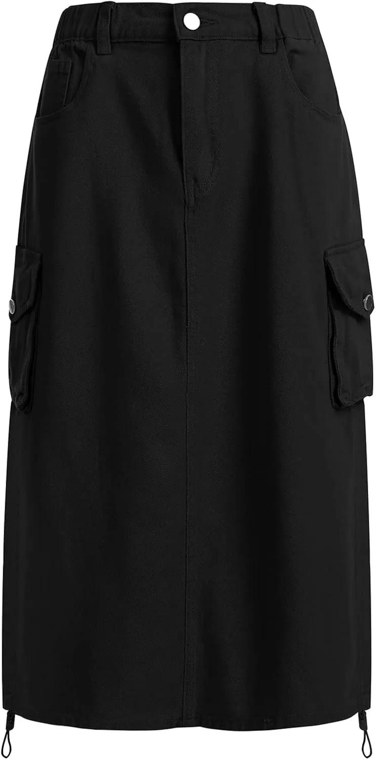 ODASDO Long Cargo Skirts for Women Denim Skirts Split Back Drawstring Maxi Skirt Casual Cargo Skirt with Pockets