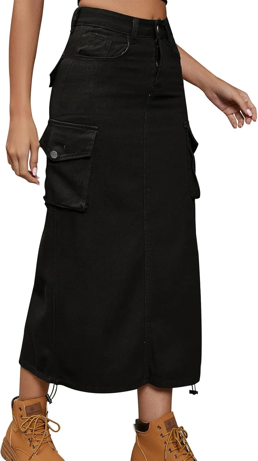 ODASDO Long Cargo Skirts for Women Denim Skirts Split Back Drawstring Maxi Skirt Casual Cargo Skirt with Pockets