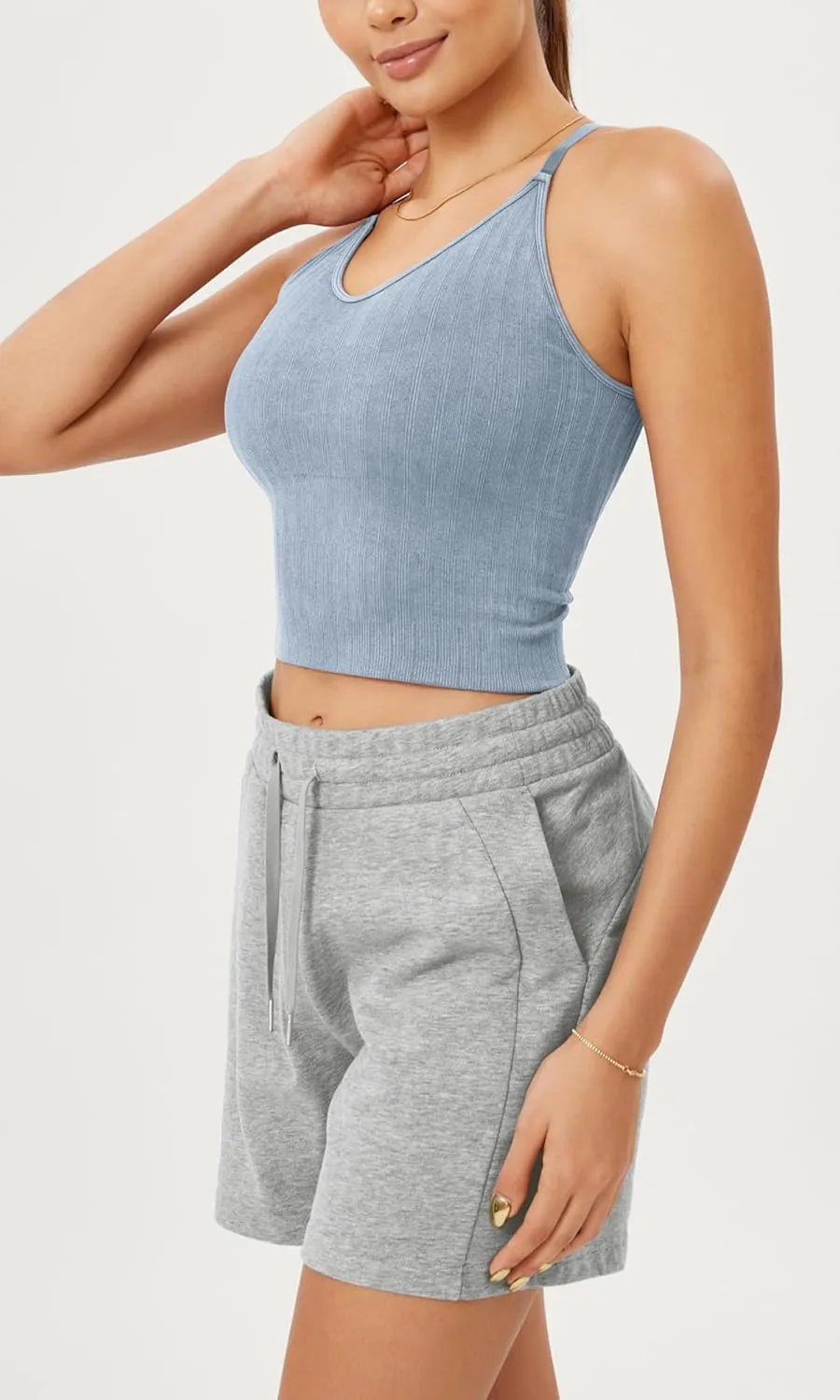 ODODOS Seamless Padded Sports Bra for Women Criss-Cross Back Longline Wirefree Brami Ribbed Crop Tank Tops