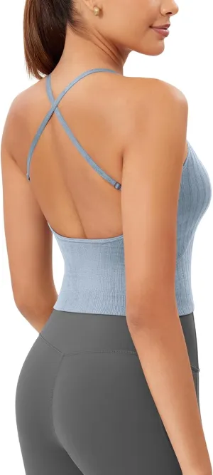 ODODOS Seamless Padded Sports Bra for Women Criss-Cross Back Longline Wirefree Brami Ribbed Crop Tank Tops