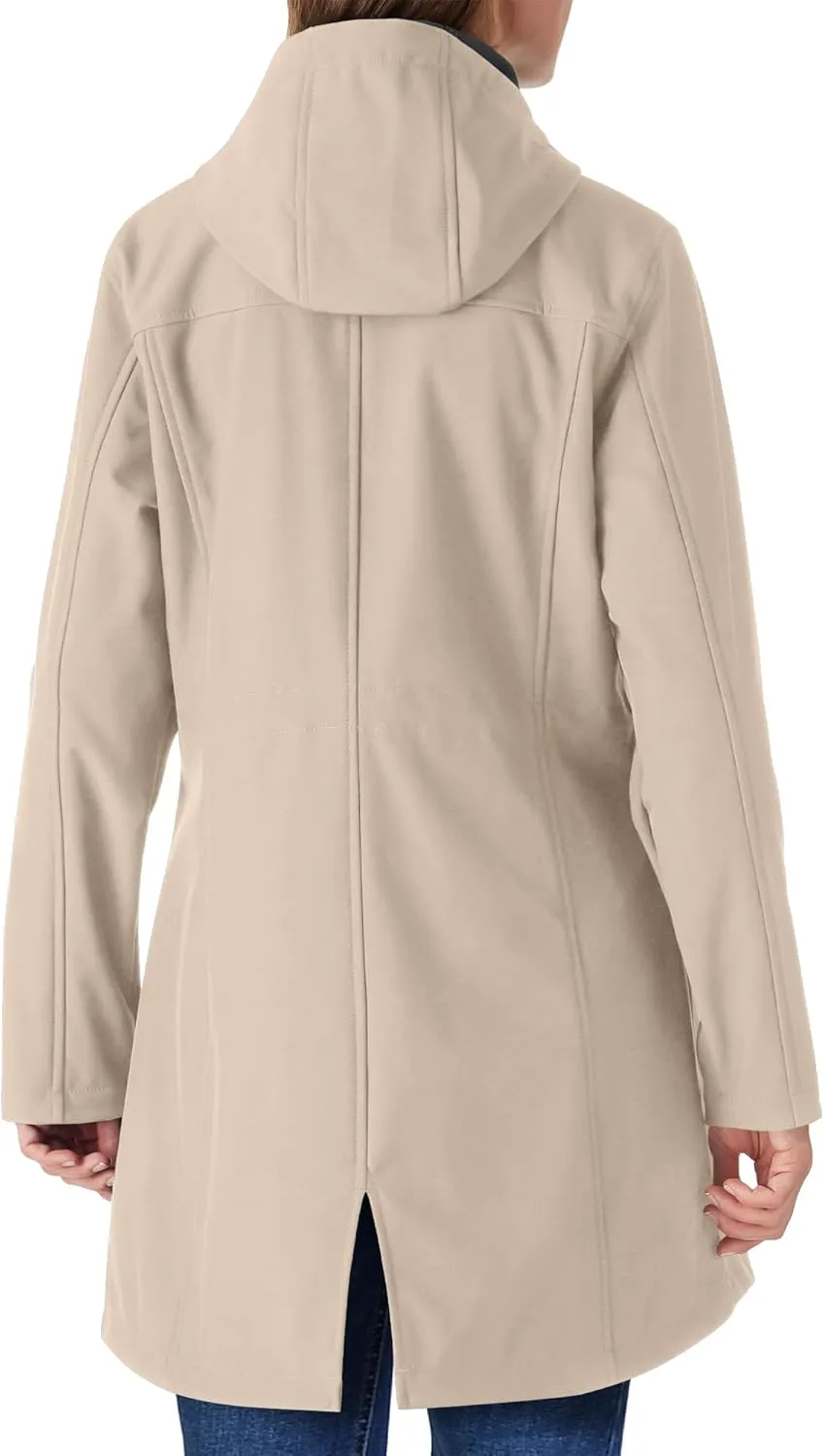 Outdoor Ventures Women's Lightweight Waterproof Fleece Lined Hooded Softshell Rain Jacket, Warm Windbreaker Long Coat