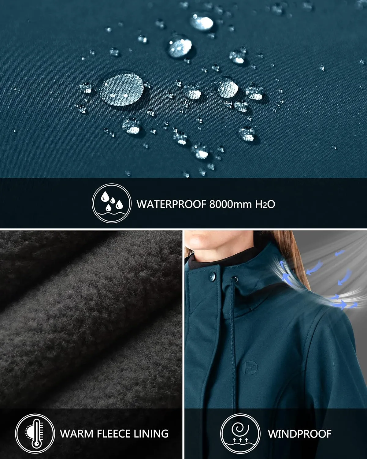 Outdoor Ventures Women's Lightweight Waterproof Fleece Lined Hooded Softshell Rain Jacket, Warm Windbreaker Long Coat