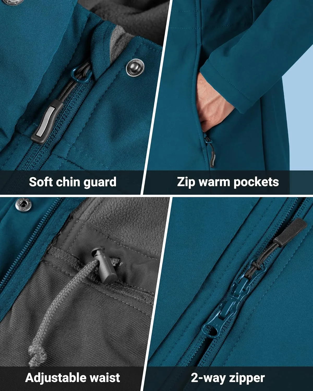Outdoor Ventures Women's Lightweight Waterproof Fleece Lined Hooded Softshell Rain Jacket, Warm Windbreaker Long Coat