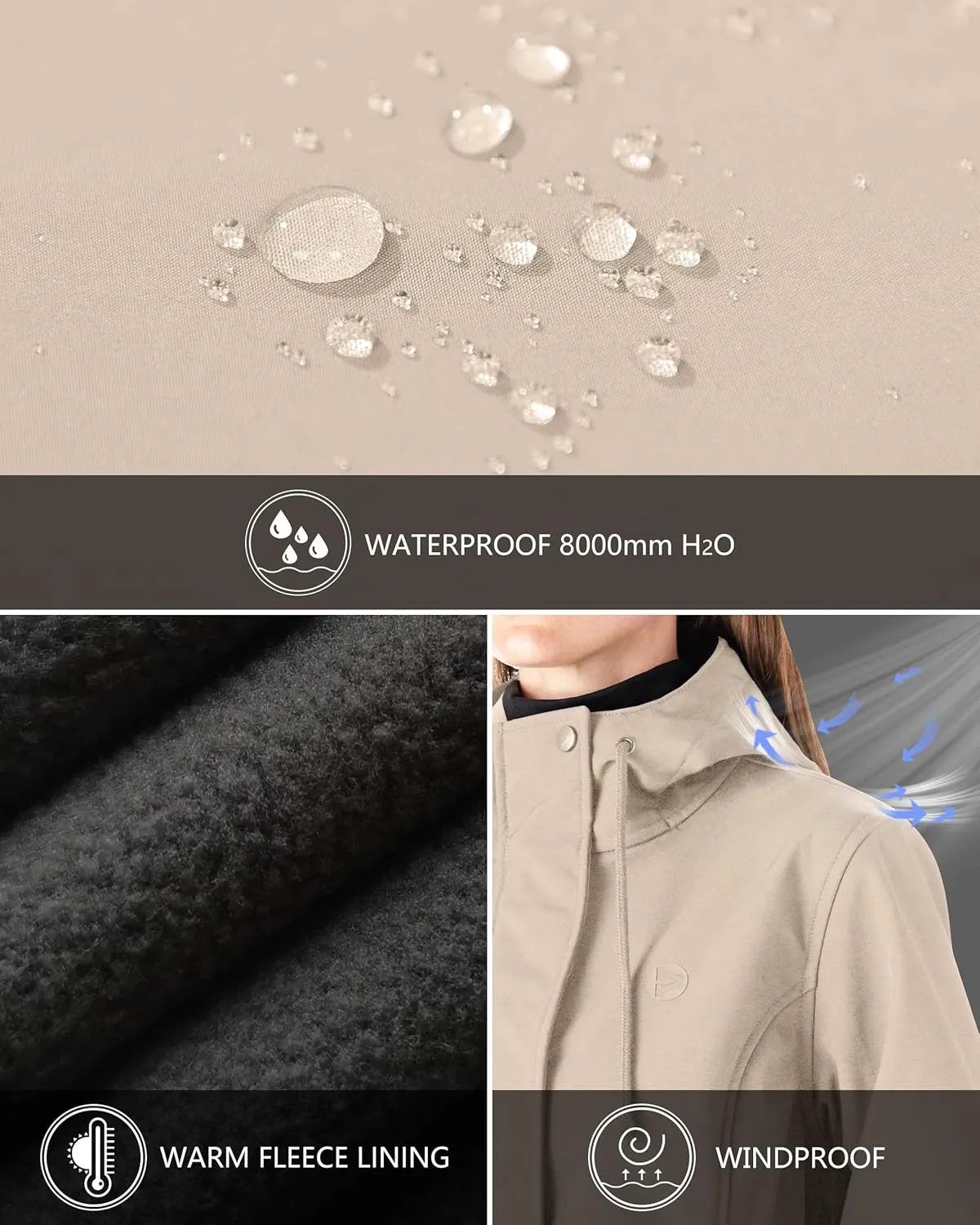 Outdoor Ventures Women's Lightweight Waterproof Fleece Lined Hooded Softshell Rain Jacket, Warm Windbreaker Long Coat