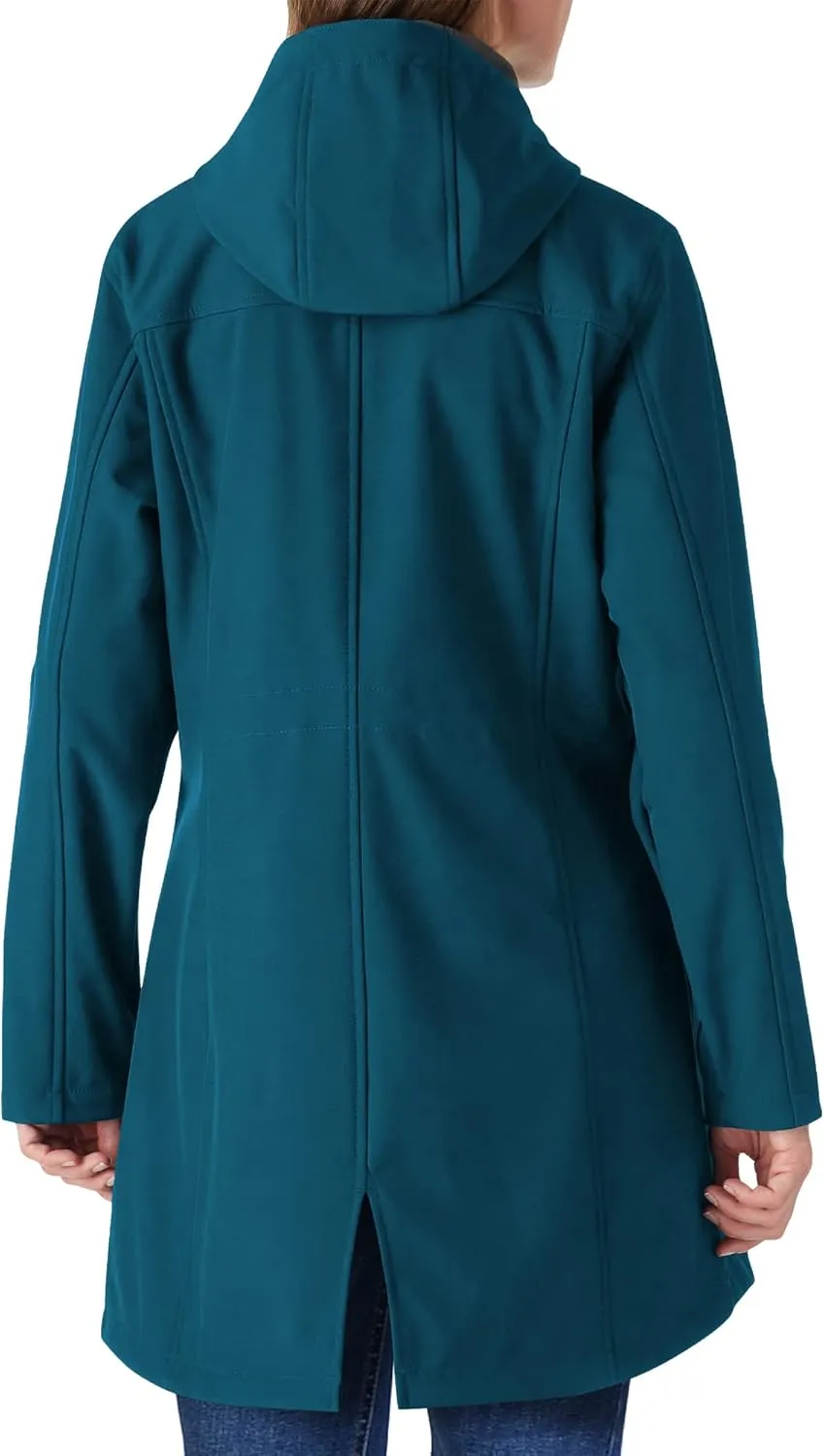 Outdoor Ventures Women's Lightweight Waterproof Fleece Lined Hooded Softshell Rain Jacket, Warm Windbreaker Long Coat