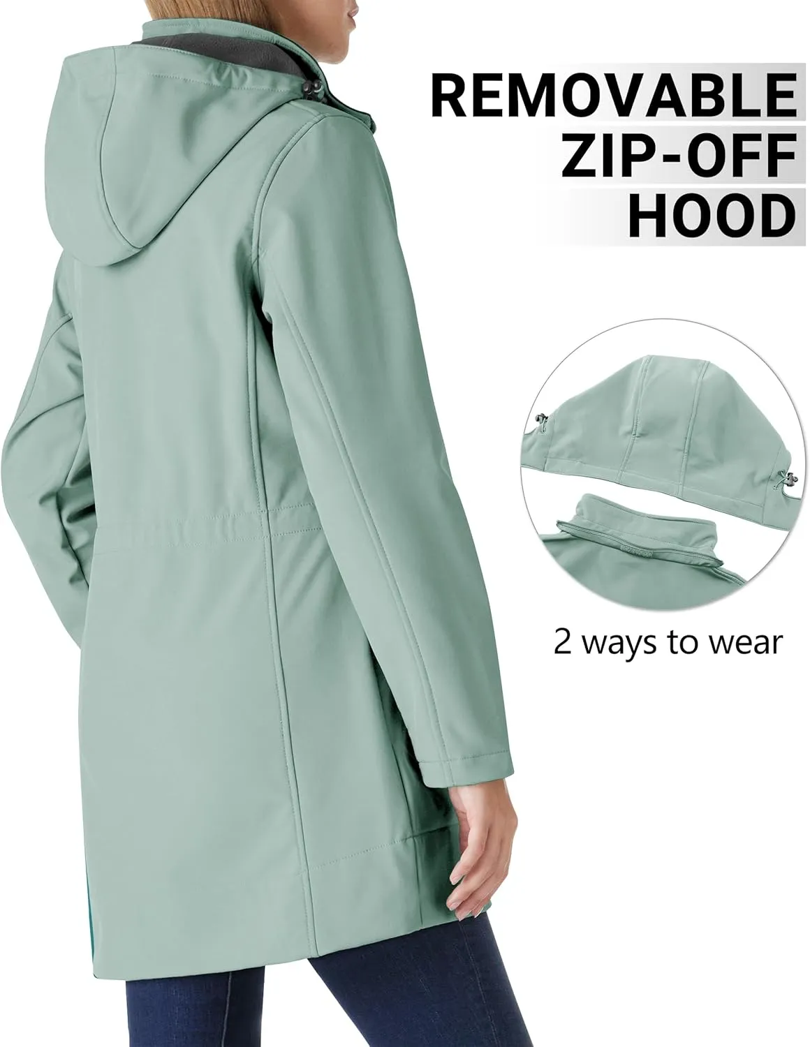 Outdoor Ventures Women's Softshell Jacket with Removable Hood Fleece Lined Windbreaker Insulated Long Warm Rain Jacket