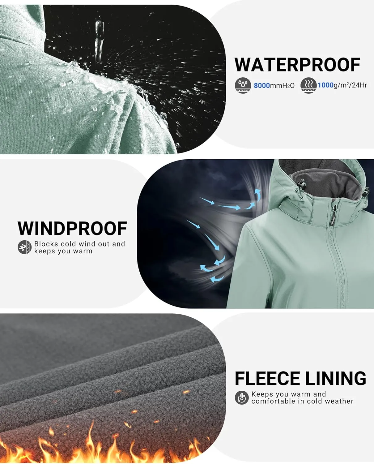 Outdoor Ventures Women's Softshell Jacket with Removable Hood Fleece Lined Windbreaker Insulated Long Warm Rain Jacket