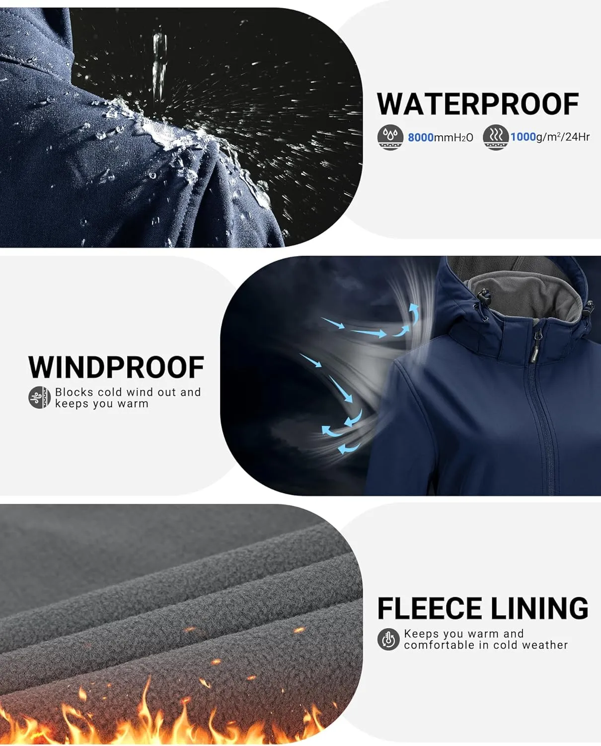 Outdoor Ventures Women's Softshell Jacket with Removable Hood Fleece Lined Windbreaker Insulated Long Warm Rain Jacket