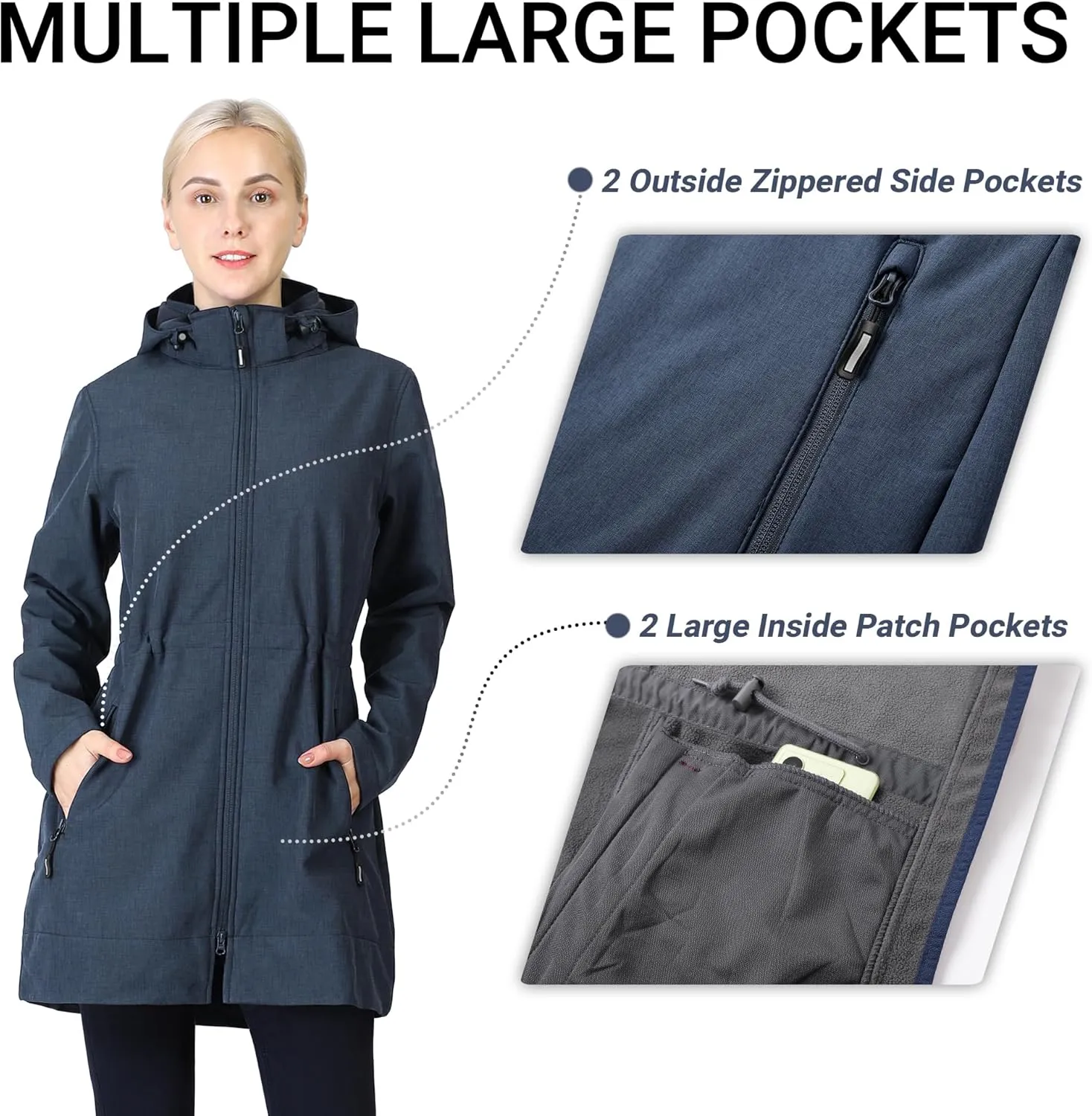 Outdoor Ventures Women's Softshell Jacket with Removable Hood Fleece Lined Windbreaker Insulated Long Warm Rain Jacket