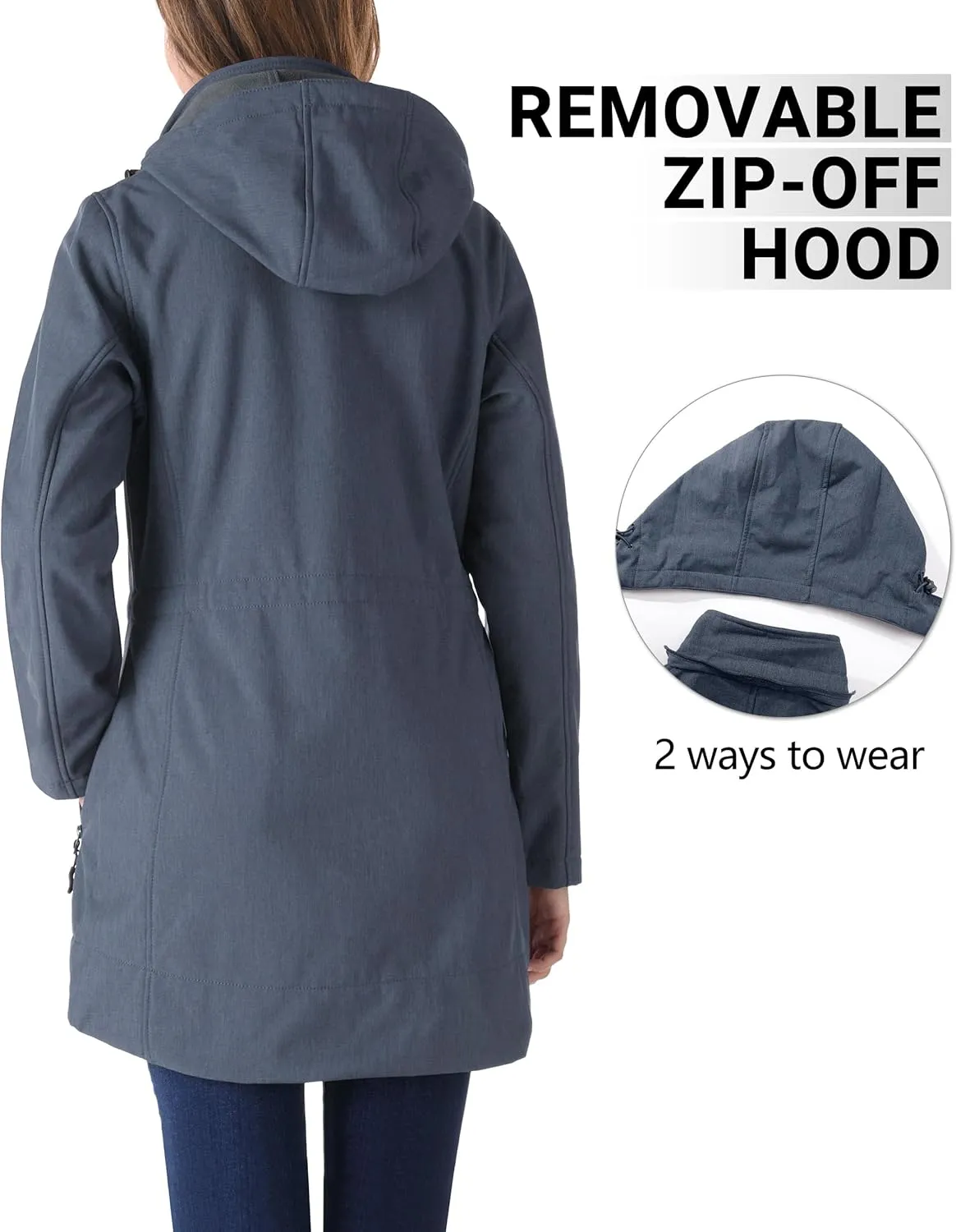 Outdoor Ventures Women's Softshell Jacket with Removable Hood Fleece Lined Windbreaker Insulated Long Warm Rain Jacket