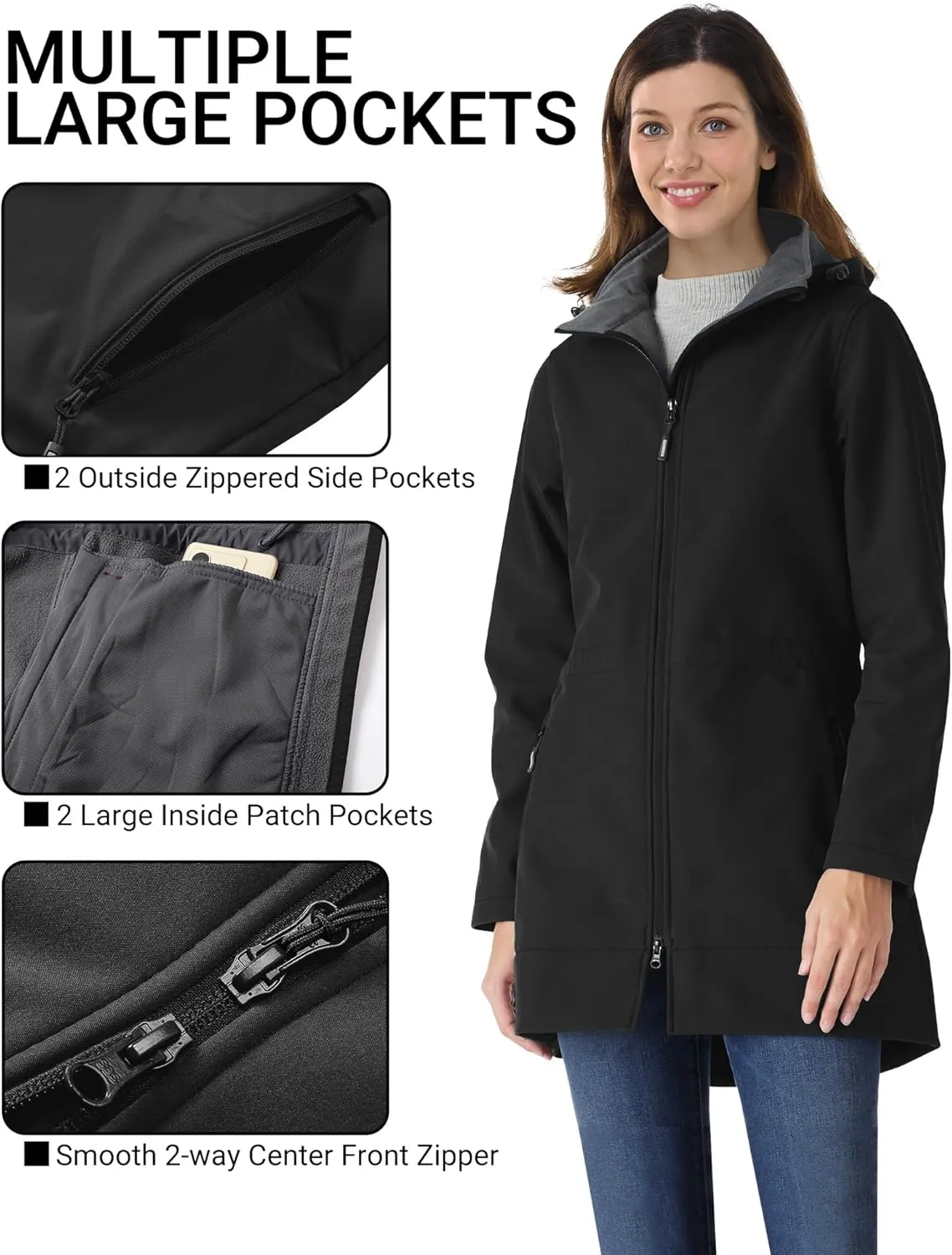 Outdoor Ventures Women's Softshell Jacket with Removable Hood Fleece Lined Windbreaker Insulated Long Warm Rain Jacket