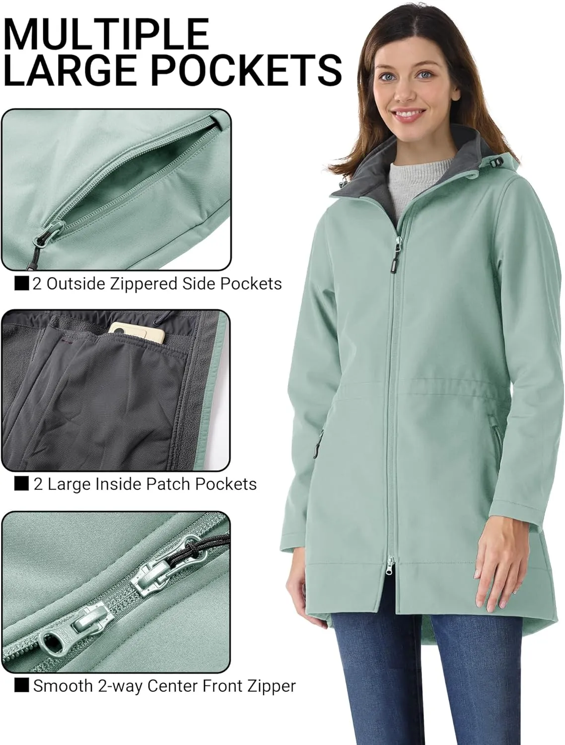 Outdoor Ventures Women's Softshell Jacket with Removable Hood Fleece Lined Windbreaker Insulated Long Warm Rain Jacket