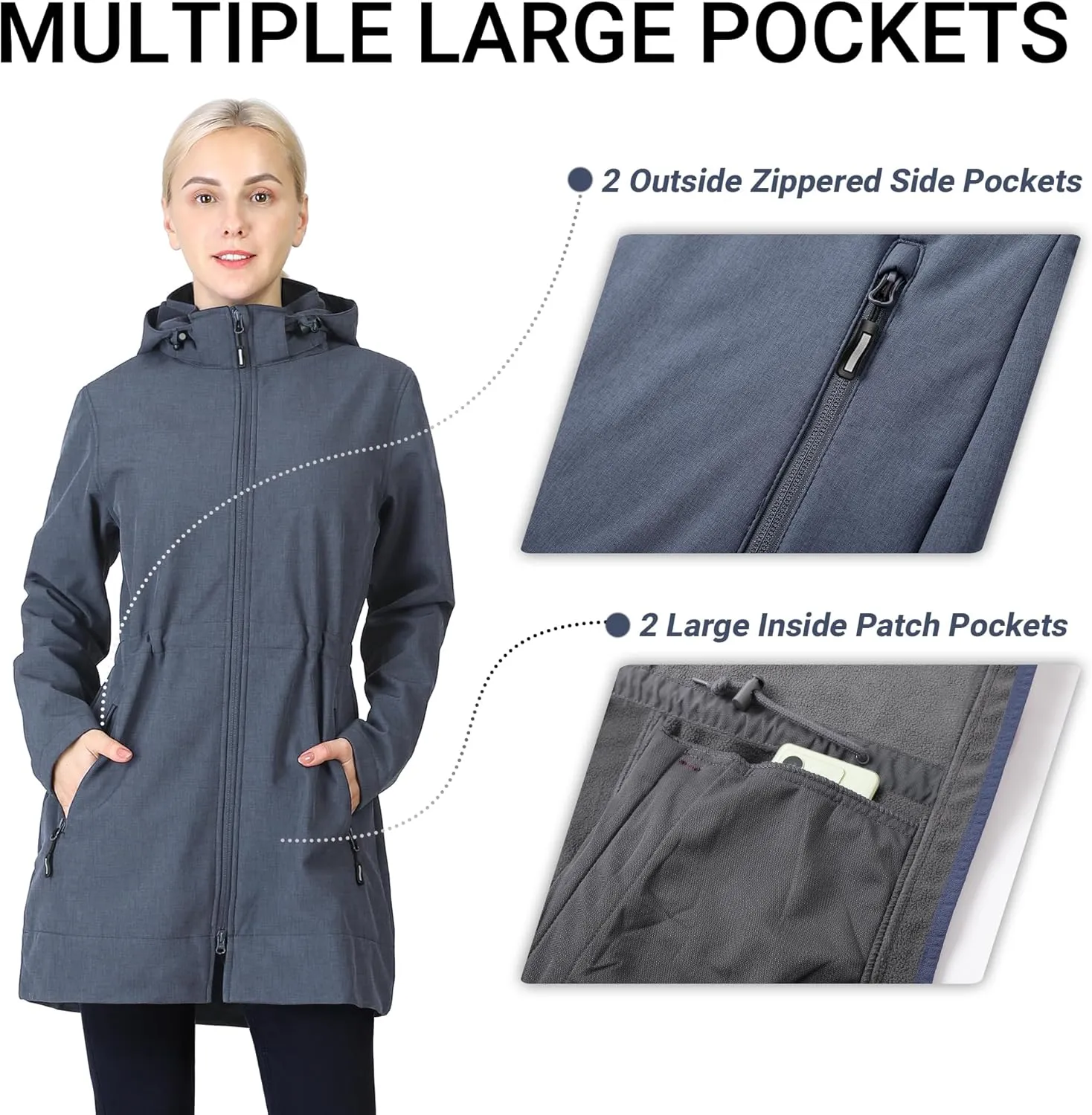 Outdoor Ventures Women's Softshell Jacket with Removable Hood Fleece Lined Windbreaker Insulated Long Warm Rain Jacket