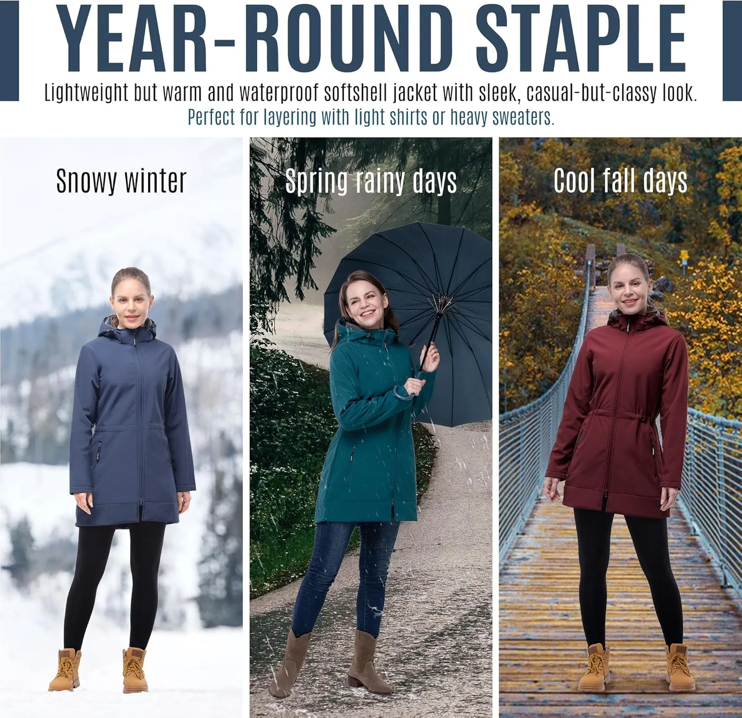 Outdoor Ventures Women's Softshell Jacket with Removable Hood Fleece Lined Windbreaker Insulated Long Warm Rain Jacket