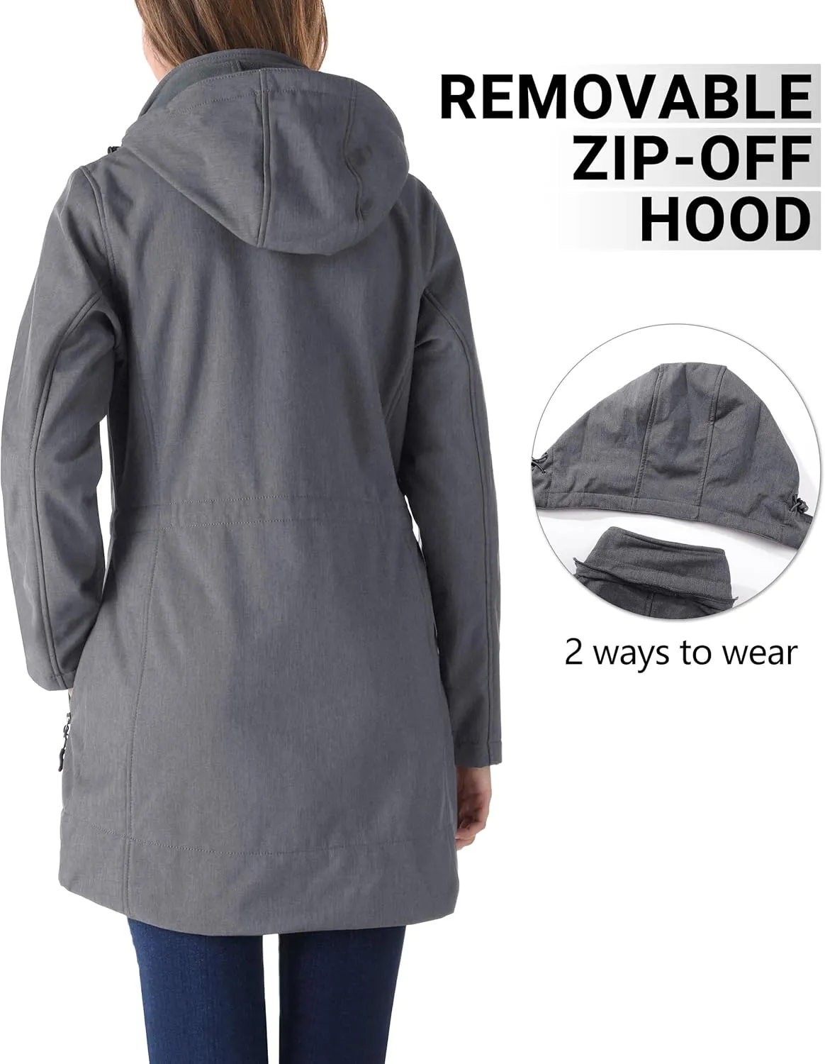 Outdoor Ventures Women's Softshell Jacket with Removable Hood Fleece Lined Windbreaker Insulated Long Warm Rain Jacket