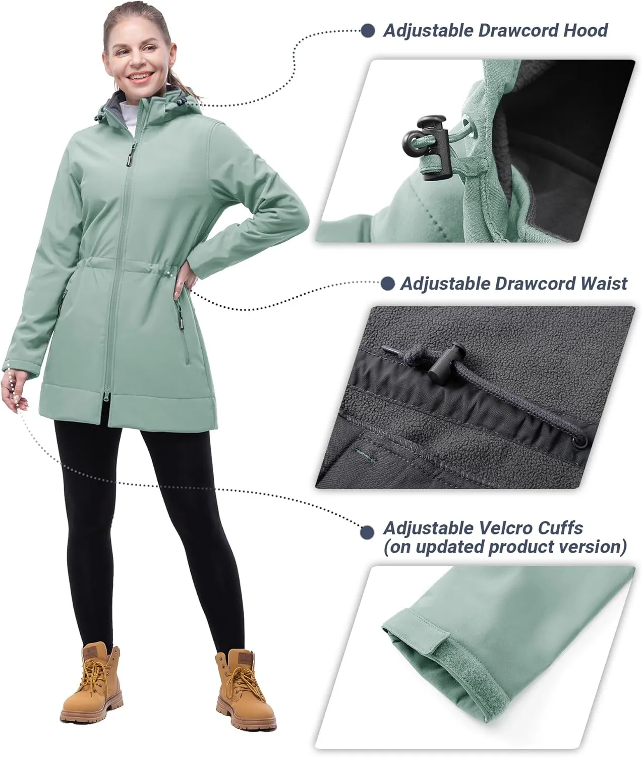 Outdoor Ventures Women's Softshell Jacket with Removable Hood Fleece Lined Windbreaker Insulated Long Warm Rain Jacket