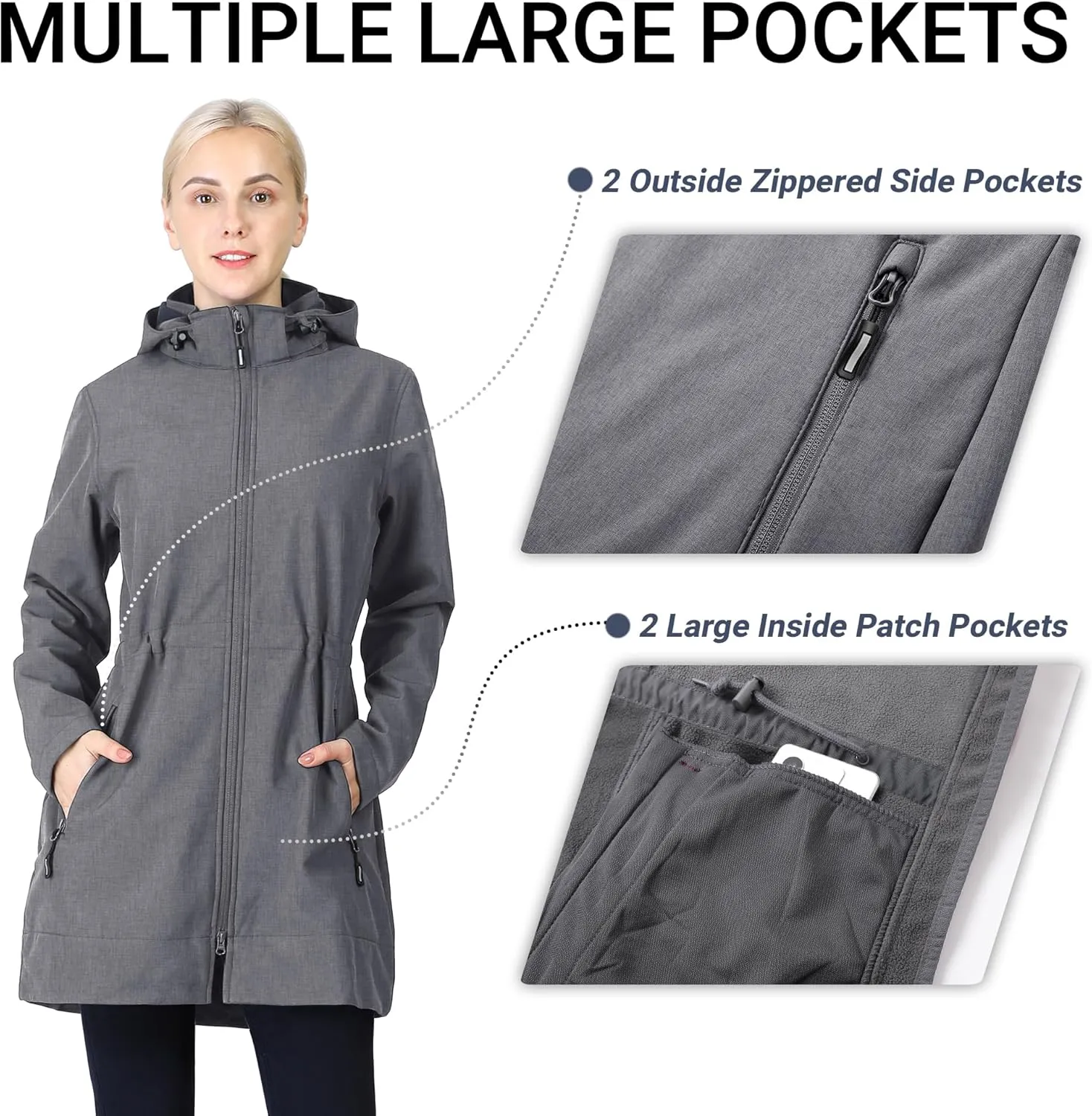 Outdoor Ventures Women's Softshell Jacket with Removable Hood Fleece Lined Windbreaker Insulated Long Warm Rain Jacket