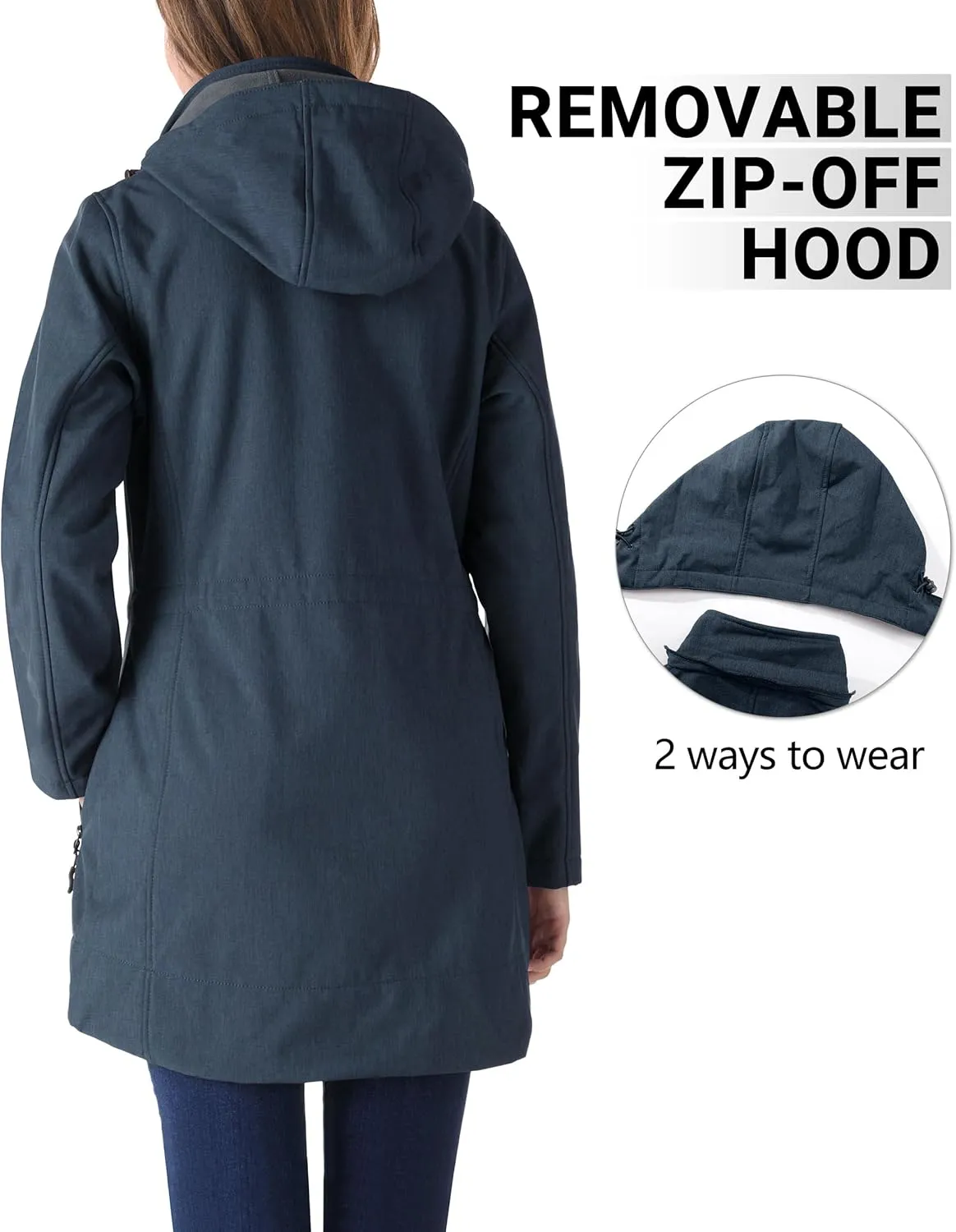 Outdoor Ventures Women's Softshell Jacket with Removable Hood Fleece Lined Windbreaker Insulated Long Warm Rain Jacket