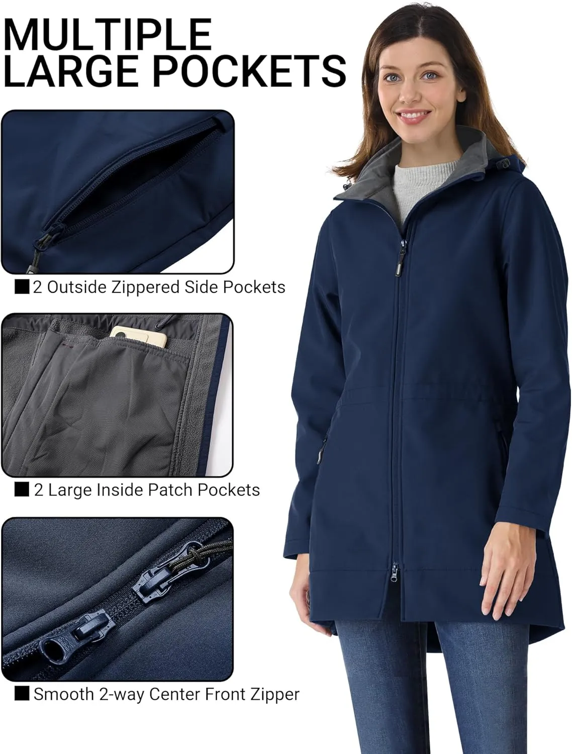 Outdoor Ventures Women's Softshell Jacket with Removable Hood Fleece Lined Windbreaker Insulated Long Warm Rain Jacket