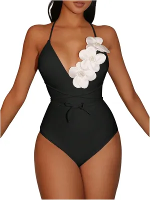 OYOANGLE Women's 3D Flower One Piece Swimsuit Criss Cross Backless Spaghetti Strap Bathing Suit