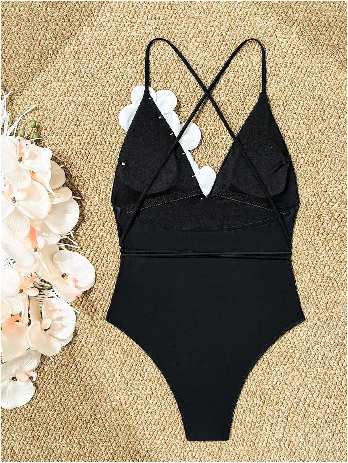 OYOANGLE Women's 3D Flower One Piece Swimsuit Criss Cross Backless Spaghetti Strap Bathing Suit