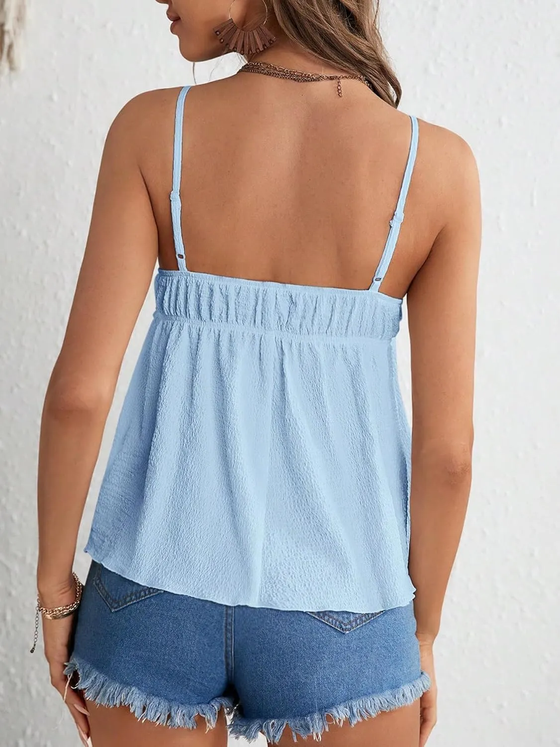 OYOANGLE Women's Ruffle Trim Spaghetti Straps V Neck Cami Top Flared Hem Backless Solid Camisole Tank Tops