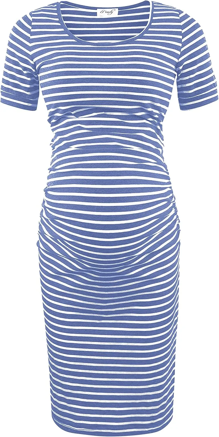 Peauty Everyday Essentials Maternity Bodycon Dress Side Ruch & Short Sleeve Dress for Baby Shower Daily (S-2XL)