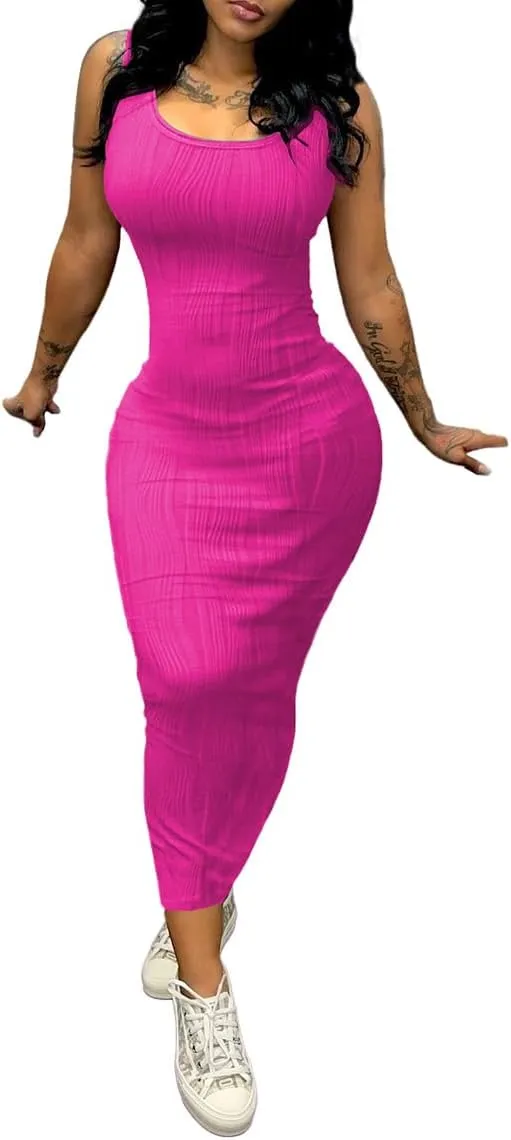 PINSV Women's Scoop Neck Bodycon Maxi Dress Stretchy Sleeveless Summer Tank Dress Sexy Party Club Beach Sundress