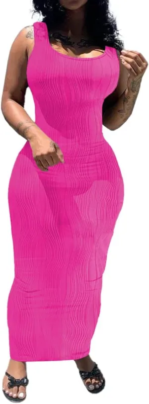 PINSV Women's Scoop Neck Bodycon Maxi Dress Stretchy Sleeveless Summer Tank Dress Sexy Party Club Beach Sundress