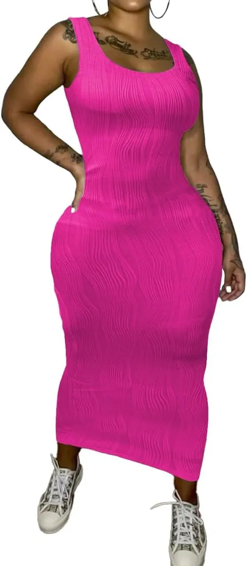 PINSV Women's Scoop Neck Bodycon Maxi Dress Stretchy Sleeveless Summer Tank Dress Sexy Party Club Beach Sundress