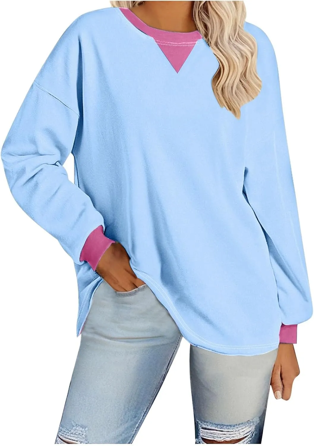 Plus Size Tops for Women Casual Long Sleeve Hoodie Round Neck Color Block Sweatshirts Daily Trendy Pullover Top